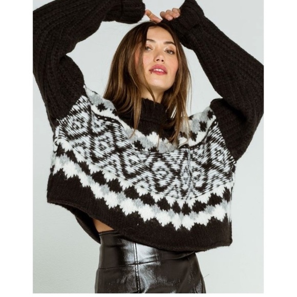 Free People Sweaters - NWT Free People Alpine Black Combo Intarsia Crop Wool Alpaca Blend Sweater